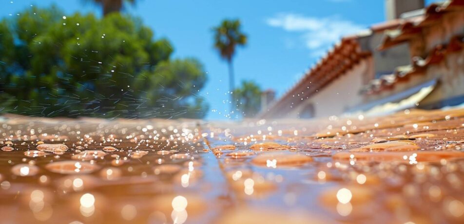 Artisan appliquant un revêtement hydrofuge nouvelle génération sur une toiture en tuiles à Fréjus
