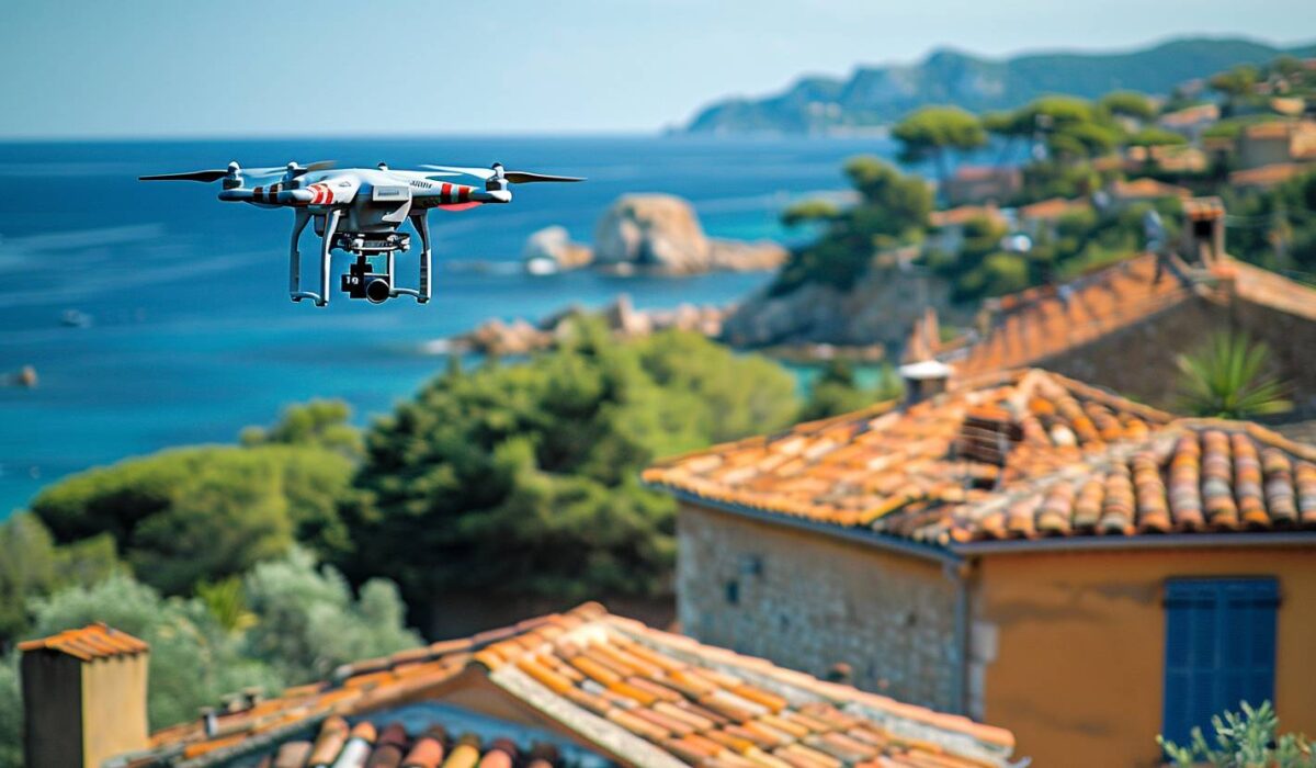 Drone inspectant une toiture traditionnelle dans le Var avec la mer Méditerranée en arrière-plan