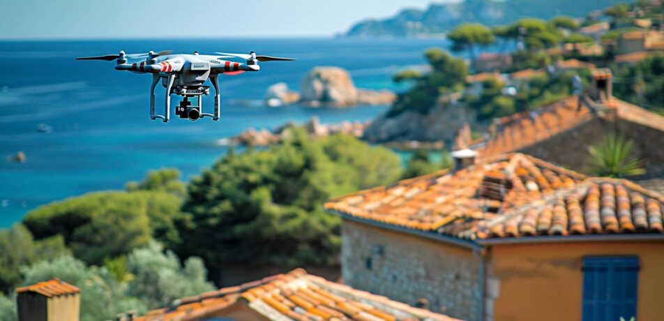 Drone inspectant une toiture traditionnelle dans le Var avec la mer Méditerranée en arrière-plan