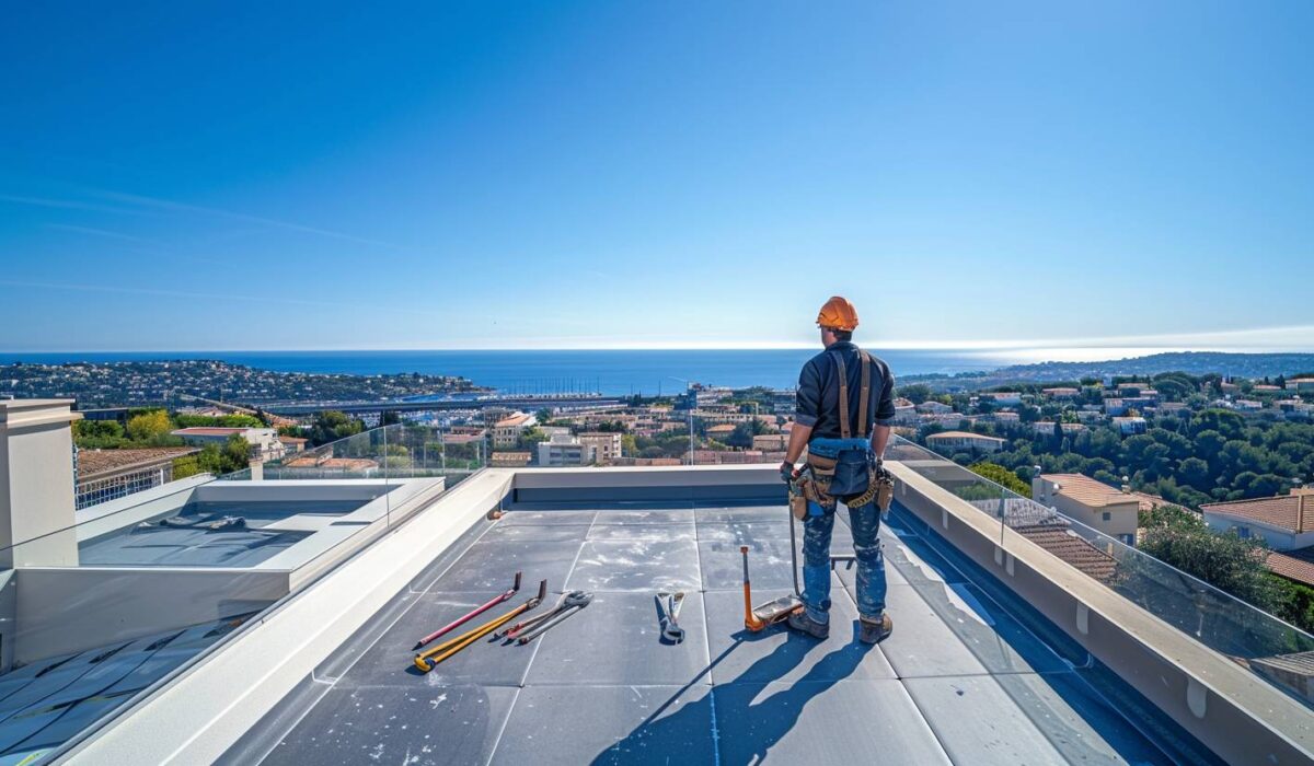 Artisan couvreur inspectant une toiture-terrasse à Fréjus avec vue sur la mer Méditerranée