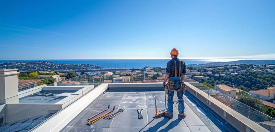 Artisan couvreur inspectant une toiture-terrasse à Fréjus avec vue sur la mer Méditerranée