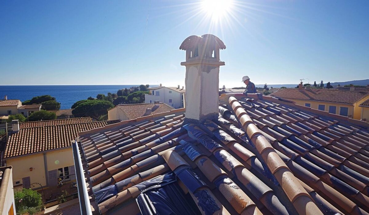 Artisan appliquant un traitement anti-UV sur des solins neufs d'une toiture à Fréjus