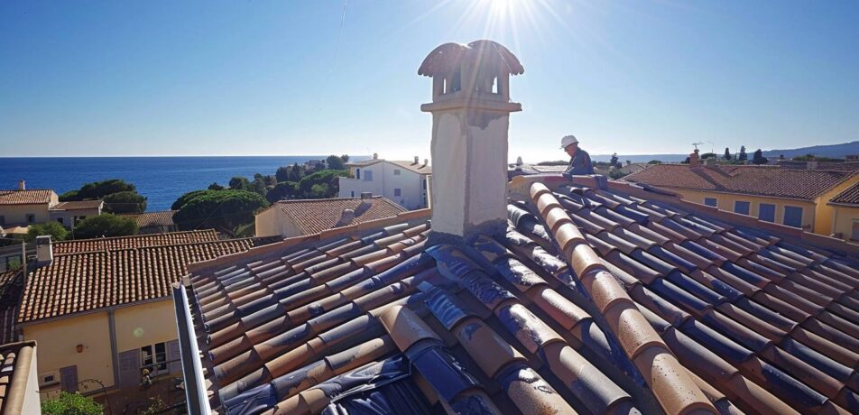 Artisan appliquant un traitement anti-UV sur des solins neufs d'une toiture à Fréjus