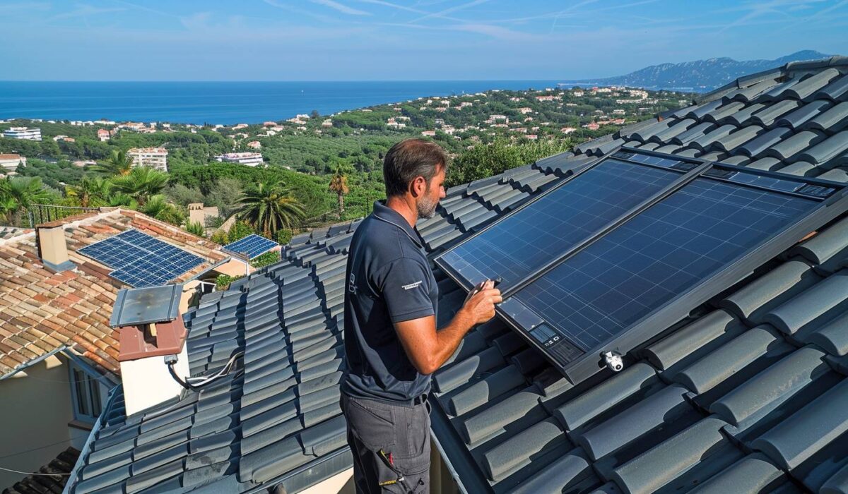 Toiture connectée avec capteurs intégrés et panneaux solaires sur une maison à Fréjus vue mer