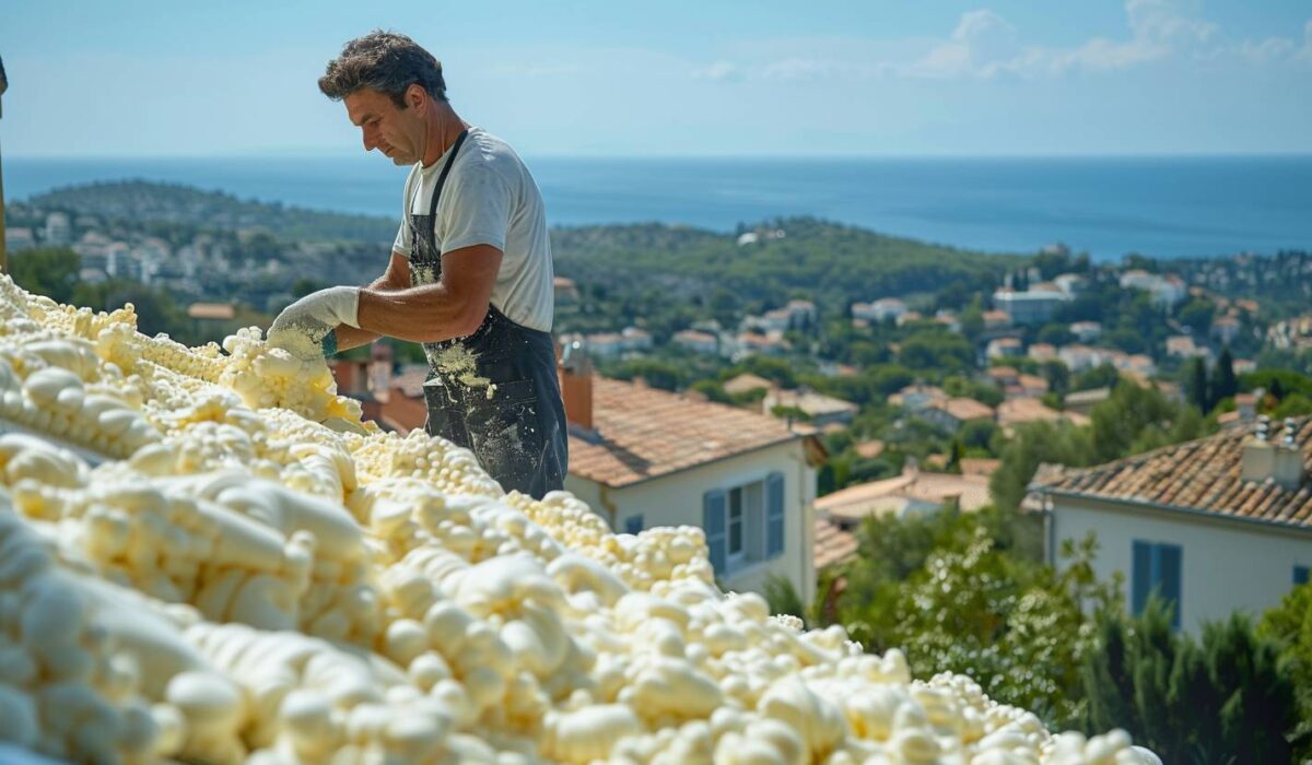 Artisan projetant de la mousse polyuréthane haute densité sur une toiture à Fréjus