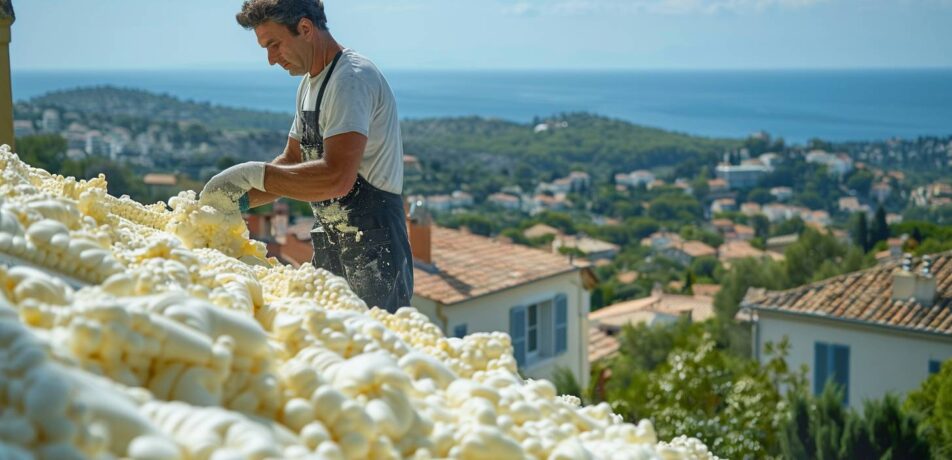 Artisan projetant de la mousse polyuréthane haute densité sur une toiture à Fréjus