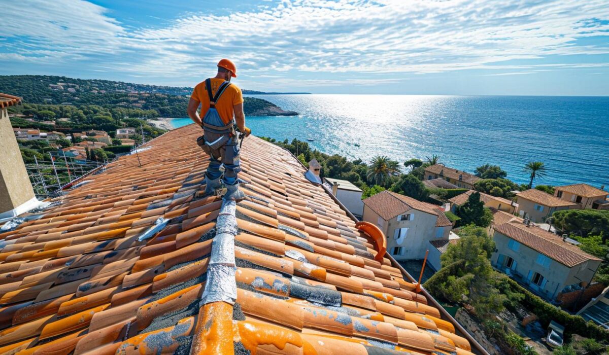 Ouvrier appliquant un traitement UV sur des tuiles de toit provençal avec vue mer