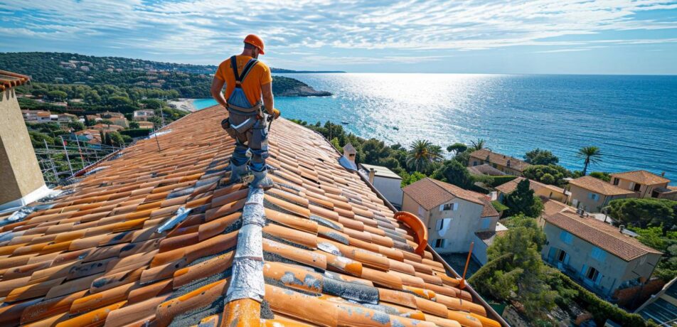 Ouvrier appliquant un traitement UV sur des tuiles de toit provençal avec vue mer