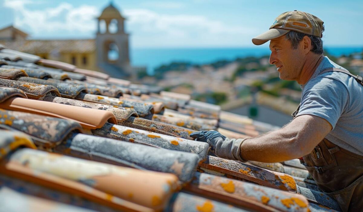Artisan couvreur examinant une toiture en tuiles provençales à Fréjus avec la mer en arrière-plan