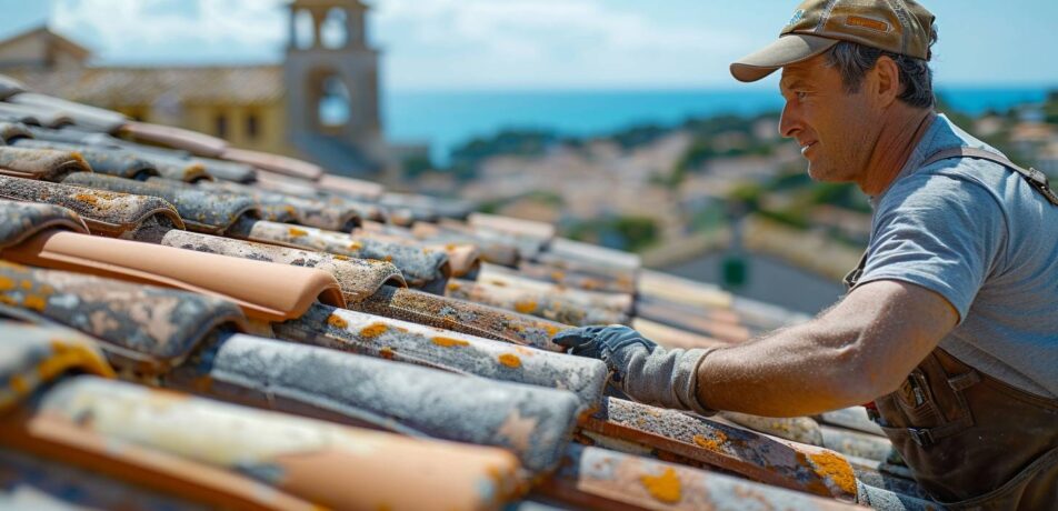 Artisan couvreur examinant une toiture en tuiles provençales à Fréjus avec la mer en arrière-plan