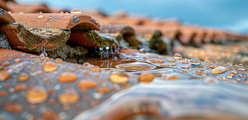 Gros plan sur une infiltration d'eau dans une toiture en tuiles à Fréjus