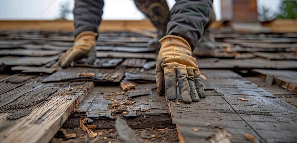 Artisan couvreur inspectant des chevrons endommagés sur un toit à Fréjus