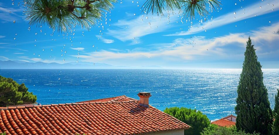 Maison provençale à Fréjus avec toiture en tuiles rouges surplombant la mer et exposée aux embruns marins