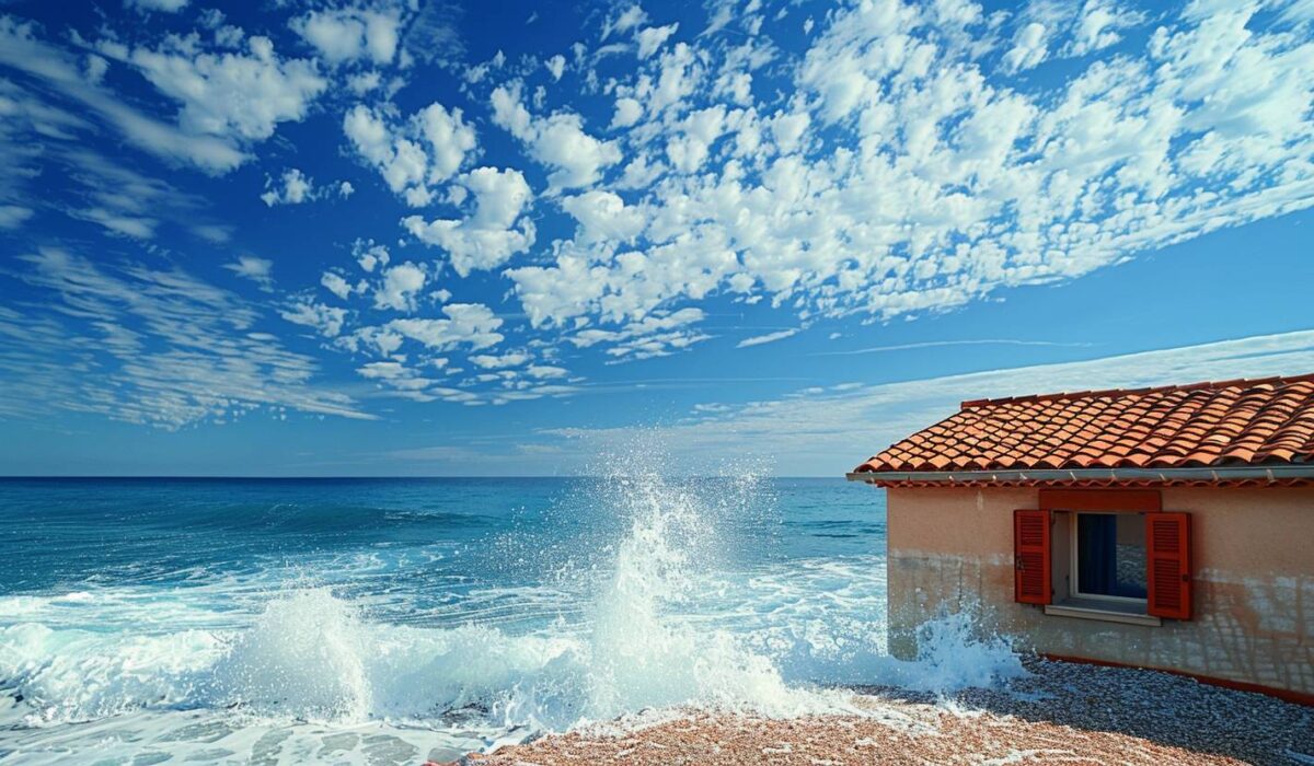 Maison à Fréjus avec toiture en tuiles rouges face à la mer artisan effectuant l'entretien contre les embruns salins