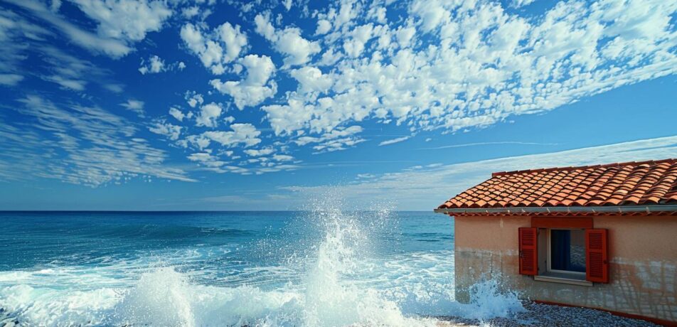 Maison à Fréjus avec toiture en tuiles rouges face à la mer artisan effectuant l'entretien contre les embruns salins