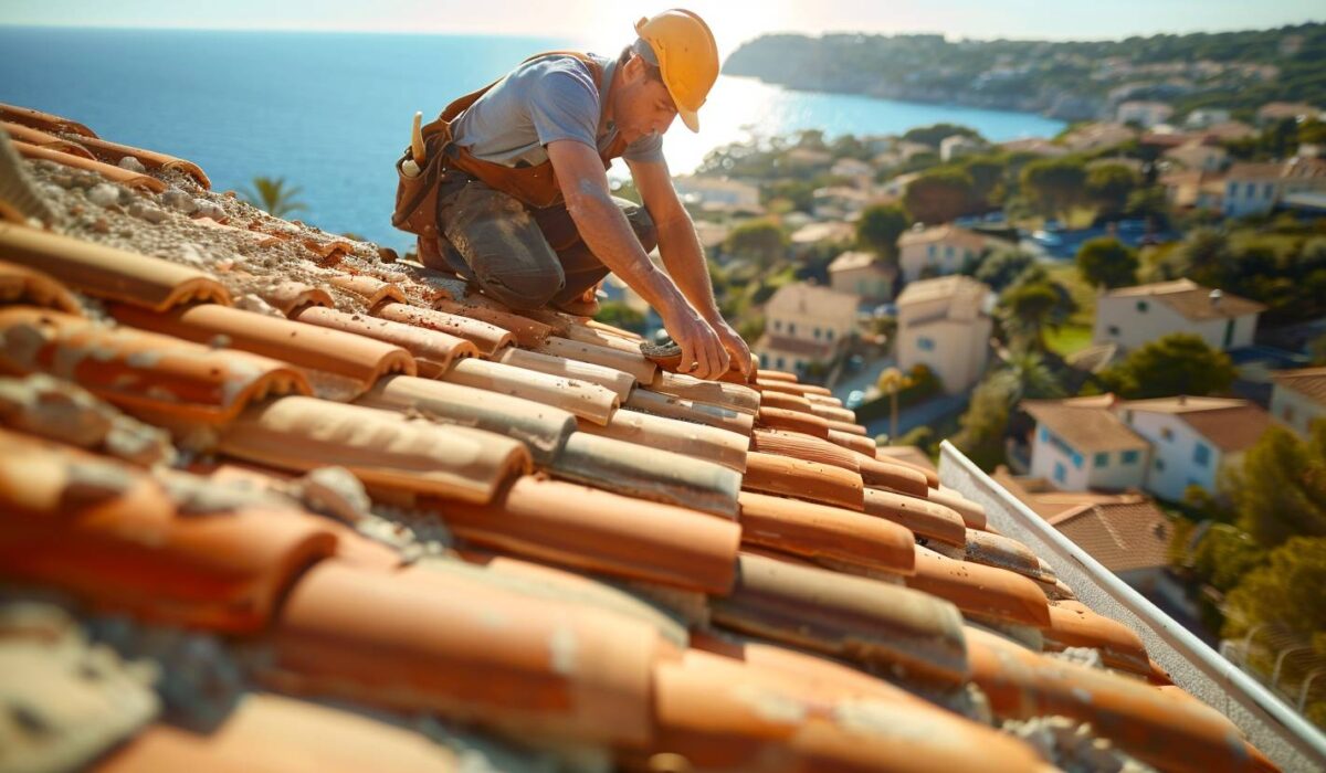 Pose de tuiles romanes par un artisan couvreur à Fréjus paysage méditerranéen en arrière-plan