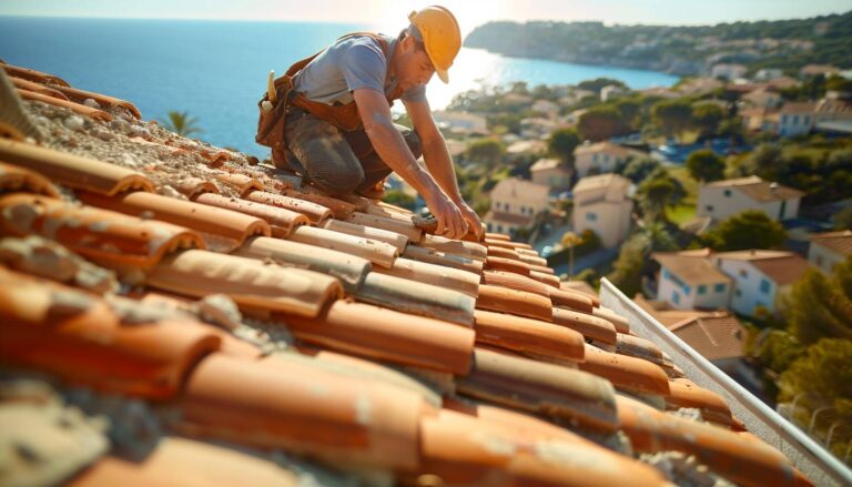 Pose de tuiles romanes par un artisan couvreur à Fréjus paysage méditerranéen en arrière-plan