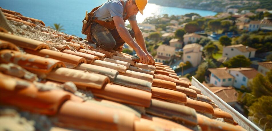 Pose de tuiles romanes par un artisan couvreur à Fréjus paysage méditerranéen en arrière-plan