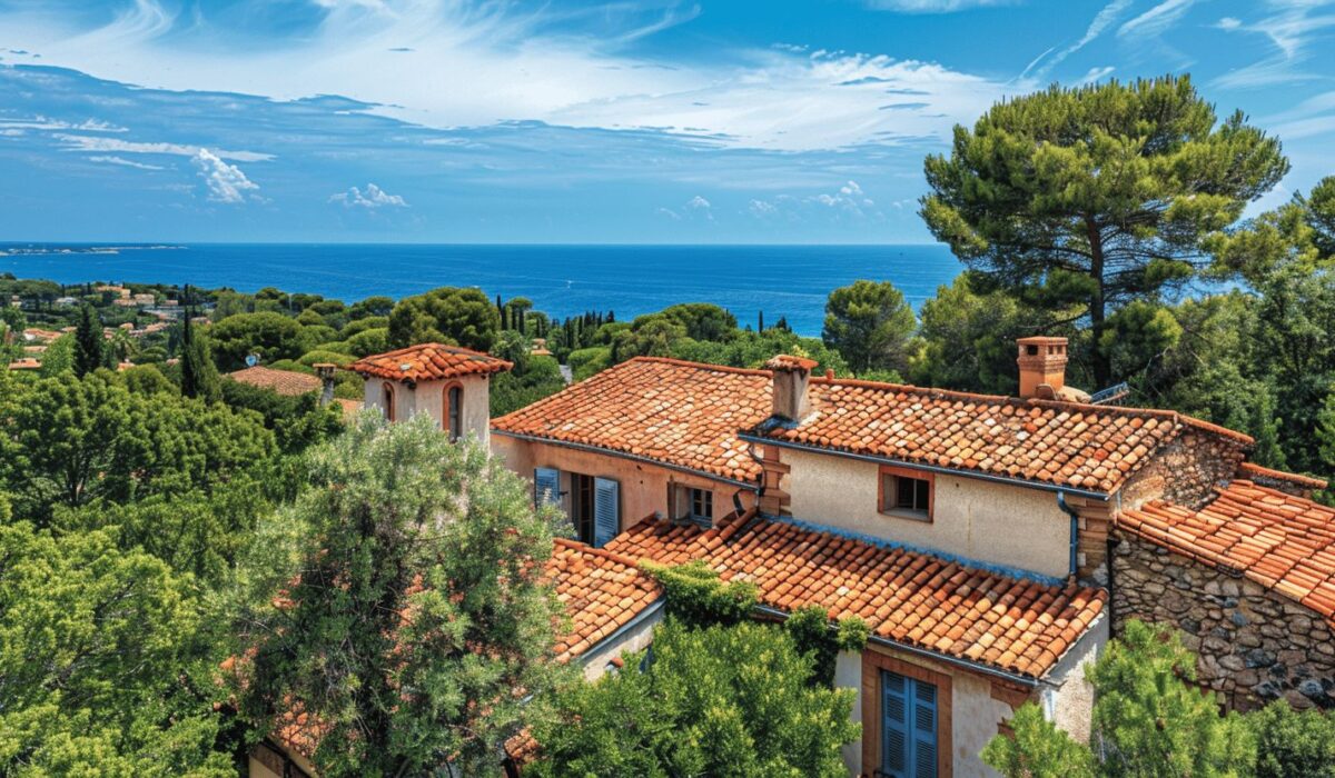 Vue aérienne d'une maison à Fréjus avec toiture en tuiles entourée d'arbres par une chaude journée d'été