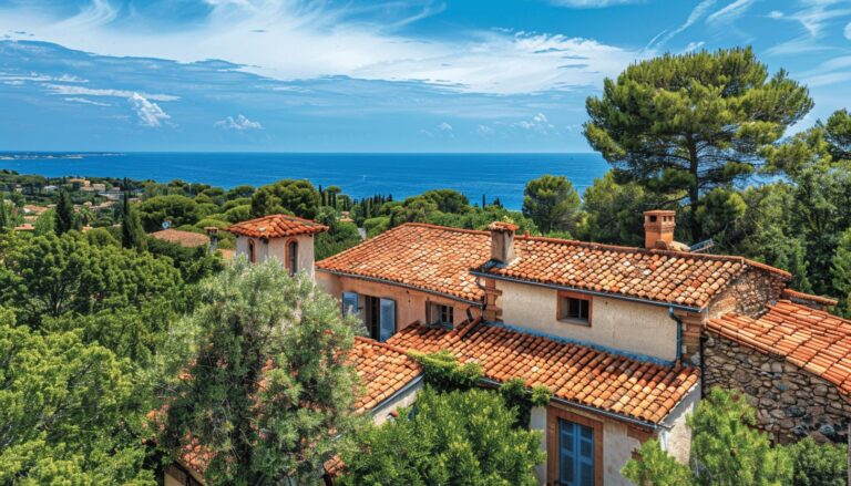 Vue aérienne d'une maison à Fréjus avec toiture en tuiles entourée d'arbres par une chaude journée d'été