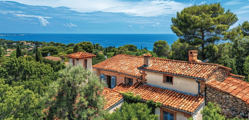 Vue aérienne d'une maison à Fréjus avec toiture en tuiles entourée d'arbres par une chaude journée d'été