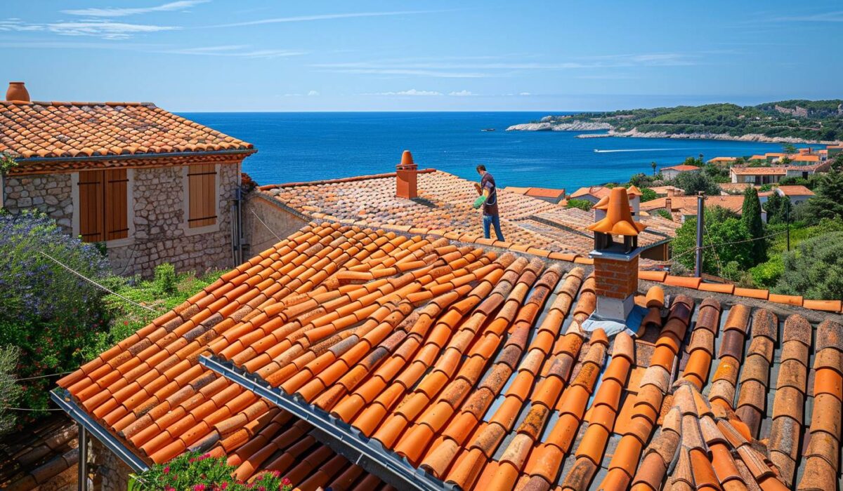 Artisan posant des tuiles romanes sur un toit à Fréjus avec vue sur la mer Méditerranée
