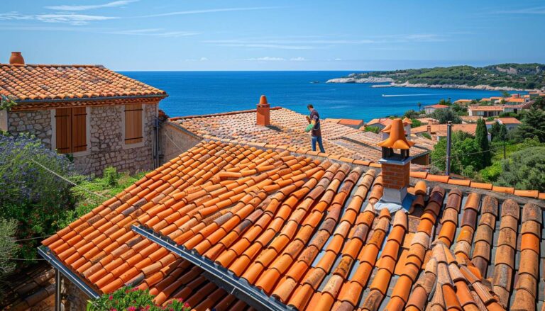 Artisan posant des tuiles romanes sur un toit à Fréjus avec vue sur la mer Méditerranée