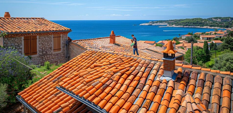 Artisan posant des tuiles romanes sur un toit à Fréjus avec vue sur la mer Méditerranée