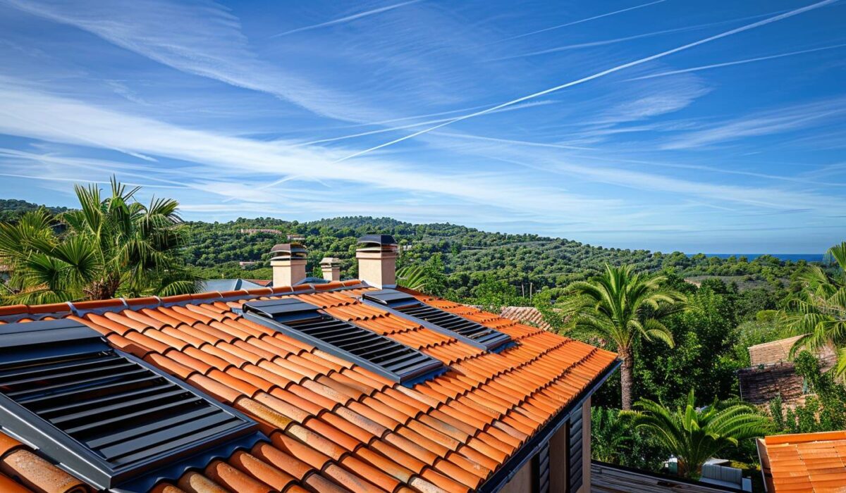 Toiture méditerranéenne à Fréjus avec système de ventilation intégré sous un ciel azur